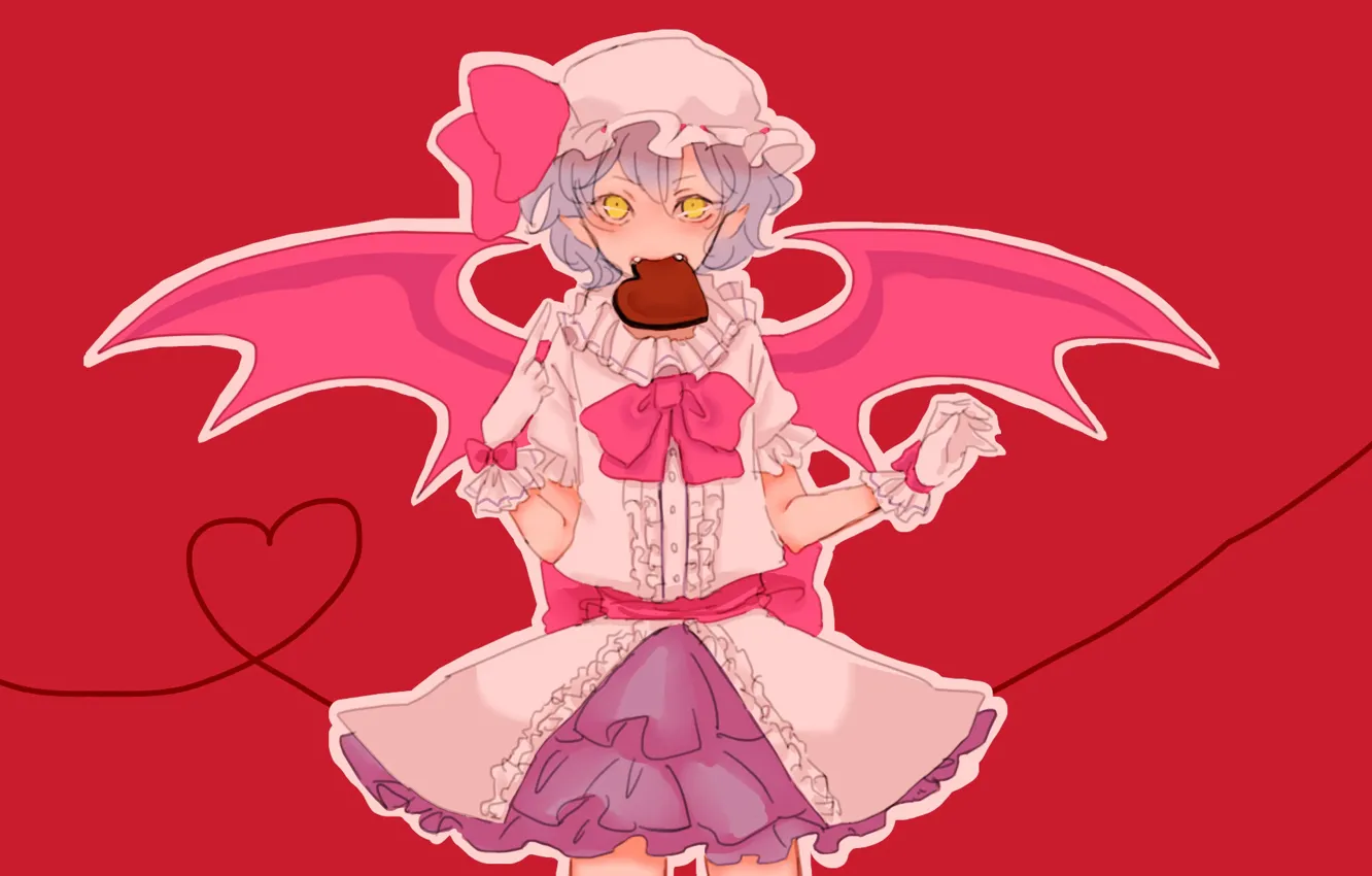 Photo wallpaper pink background, remilia scarlet, yellow eyes, vampire, valentine`s day, evil eye, project East, bat wings