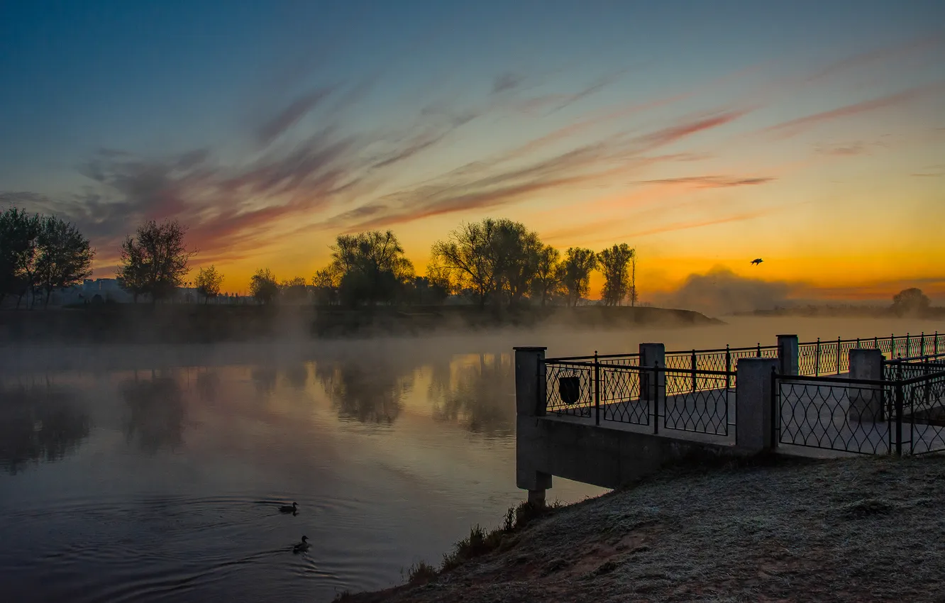 Photo wallpaper reflection, river, dawn, spring