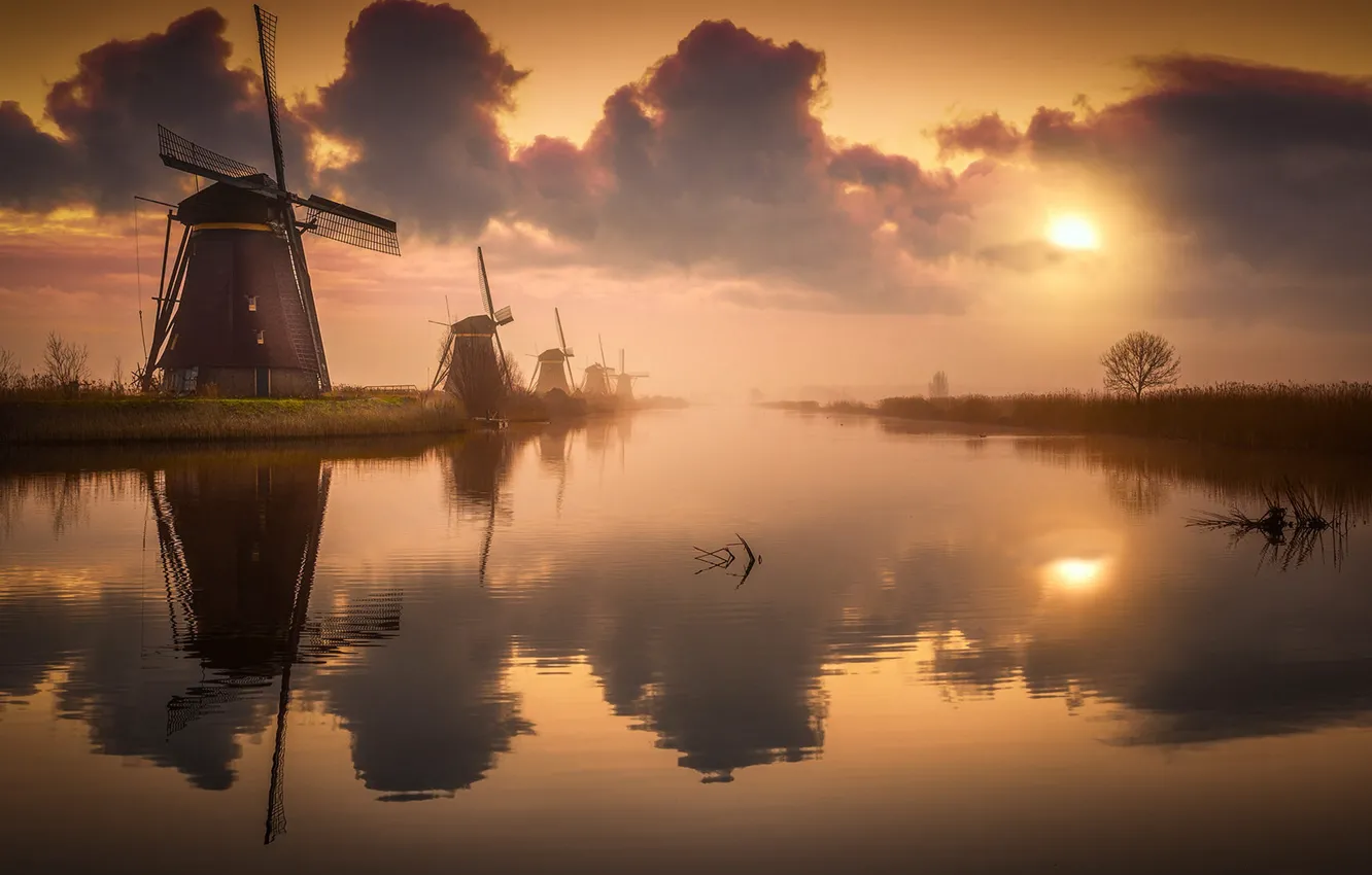 Photo wallpaper autumn, the sky, the sun, clouds, light, sunset, clouds, lake