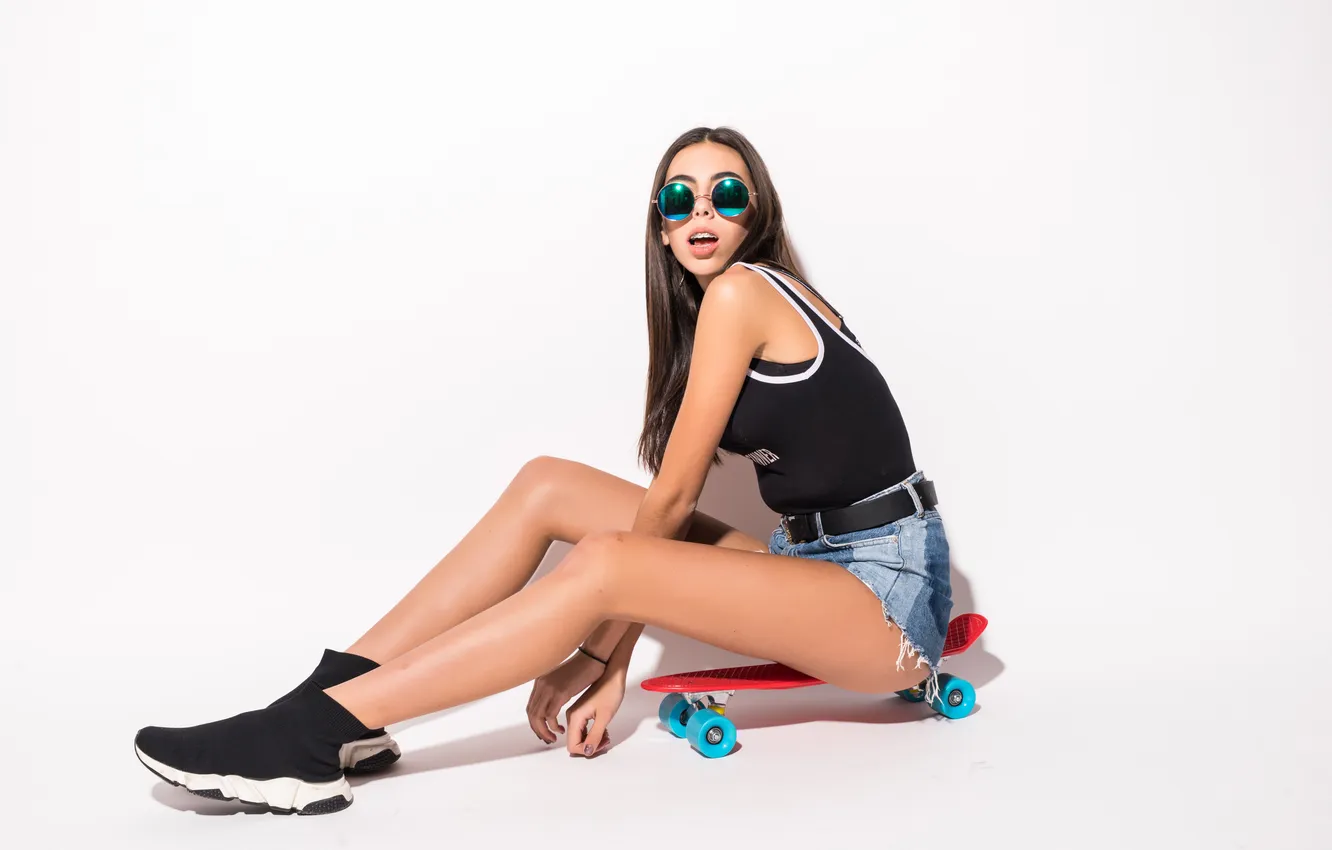 Photo wallpaper shorts, long hair, legs, woman, young, beautiful, model, Denim