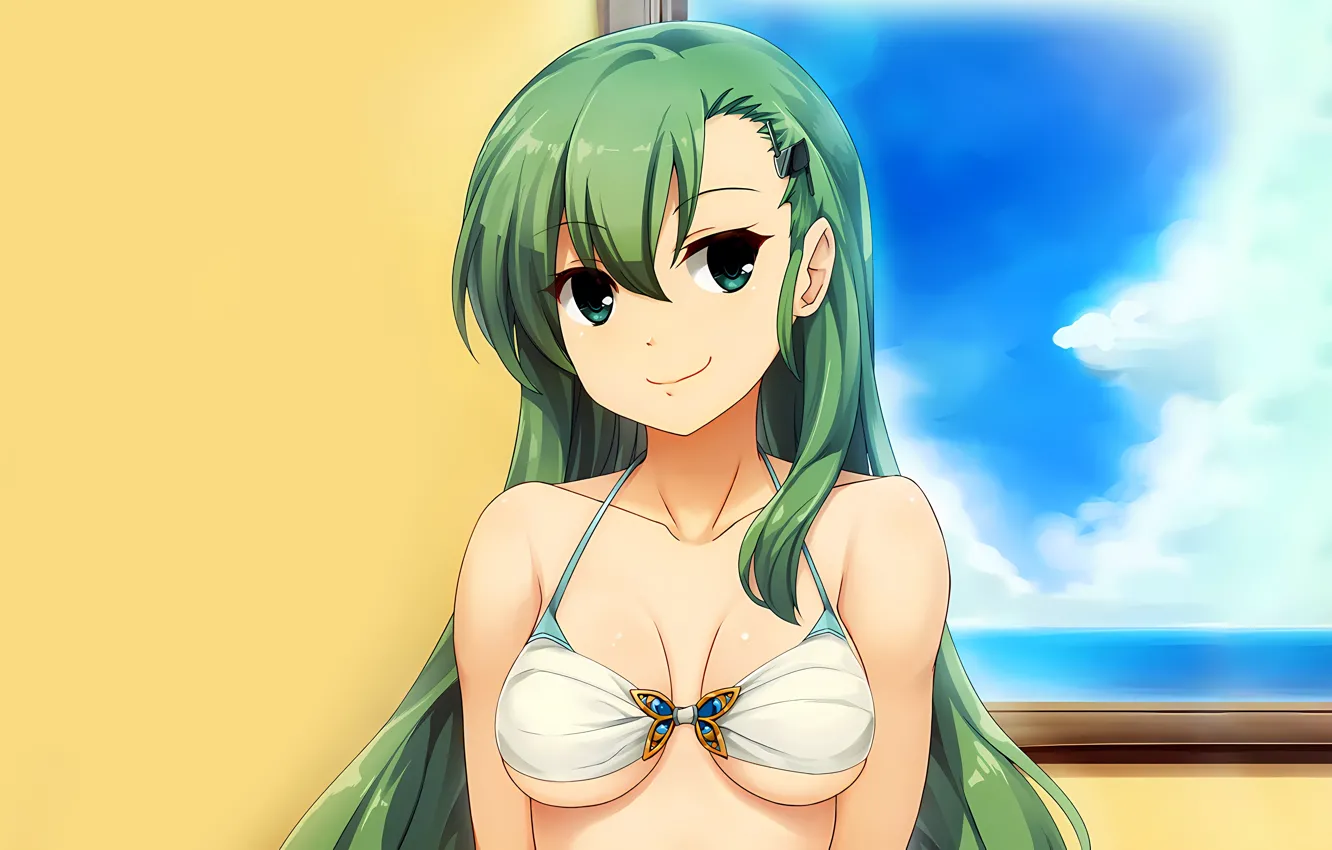 Photo wallpaper girl, sexy, cleavage, green eyes, long hair, boobs, anime, beautiful