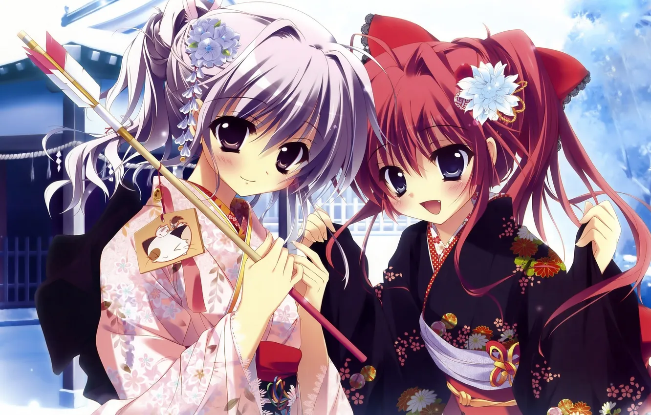 Photo wallpaper look, girl, plate, anime, arrows, yukata, barrette, mashiroiro symphony
