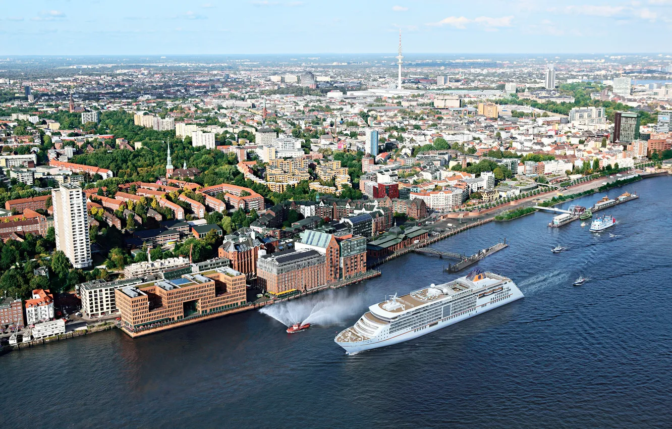 Photo wallpaper sea, the sky, ship, tower, home, Germany, pier, horizon