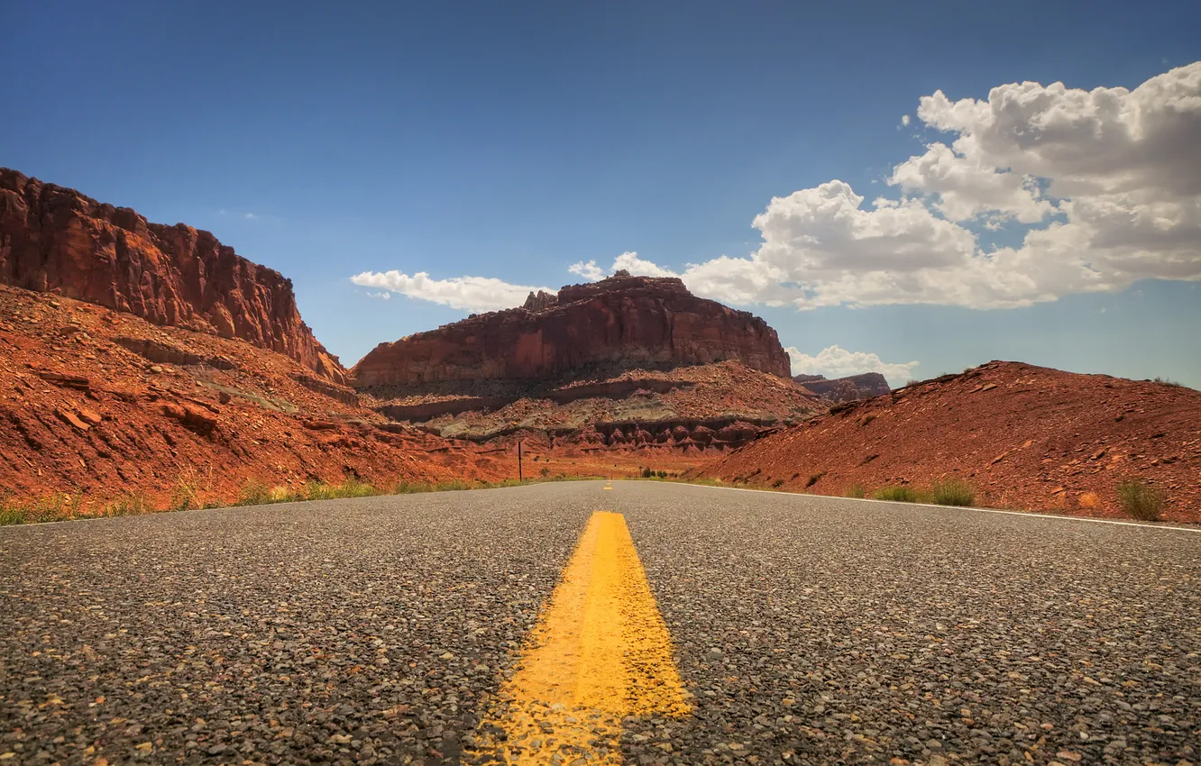 Photo wallpaper road, the sky, asphalt, clouds, line, landscape, yellow, strip