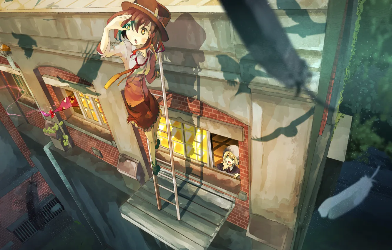Photo wallpaper girl, building, feathers, window, ladder, touhou