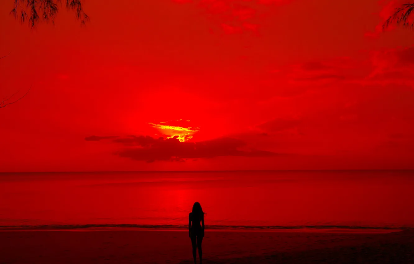 Photo wallpaper sea, girl, clouds, sunset, shore, the evening, silhouette, glow