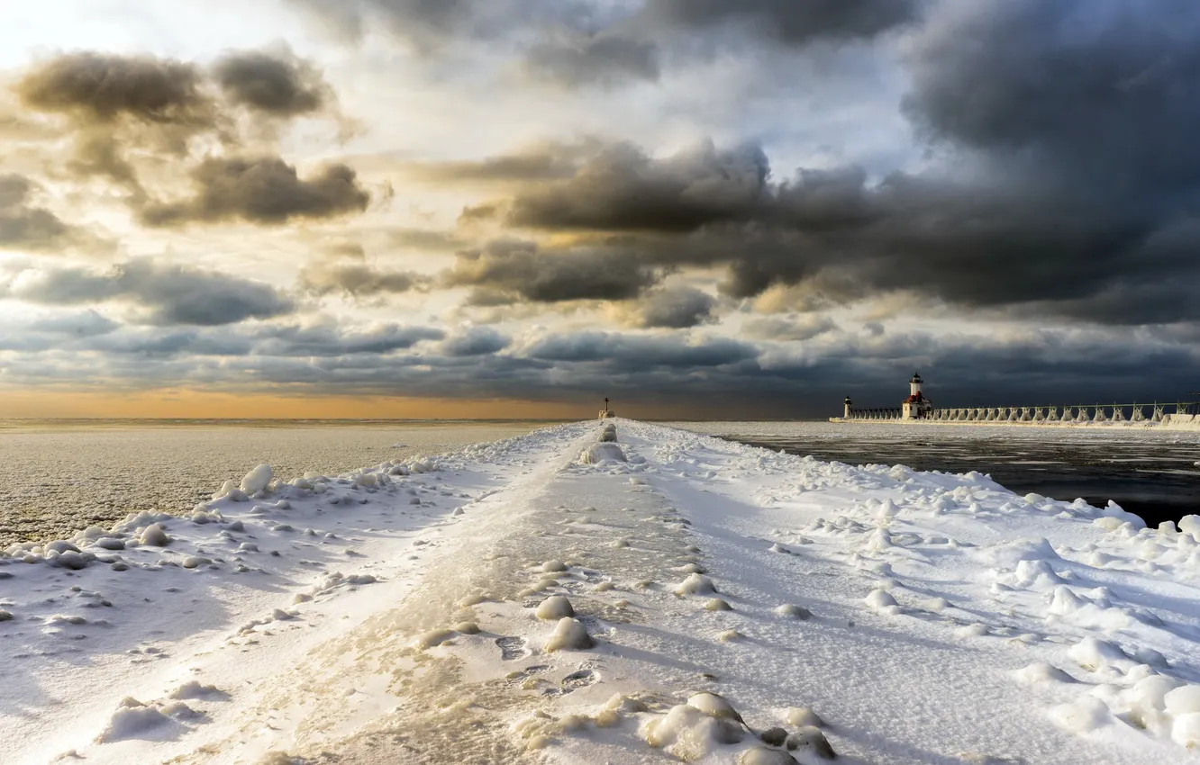 Photo wallpaper winter, sea, bridge, lighthouse