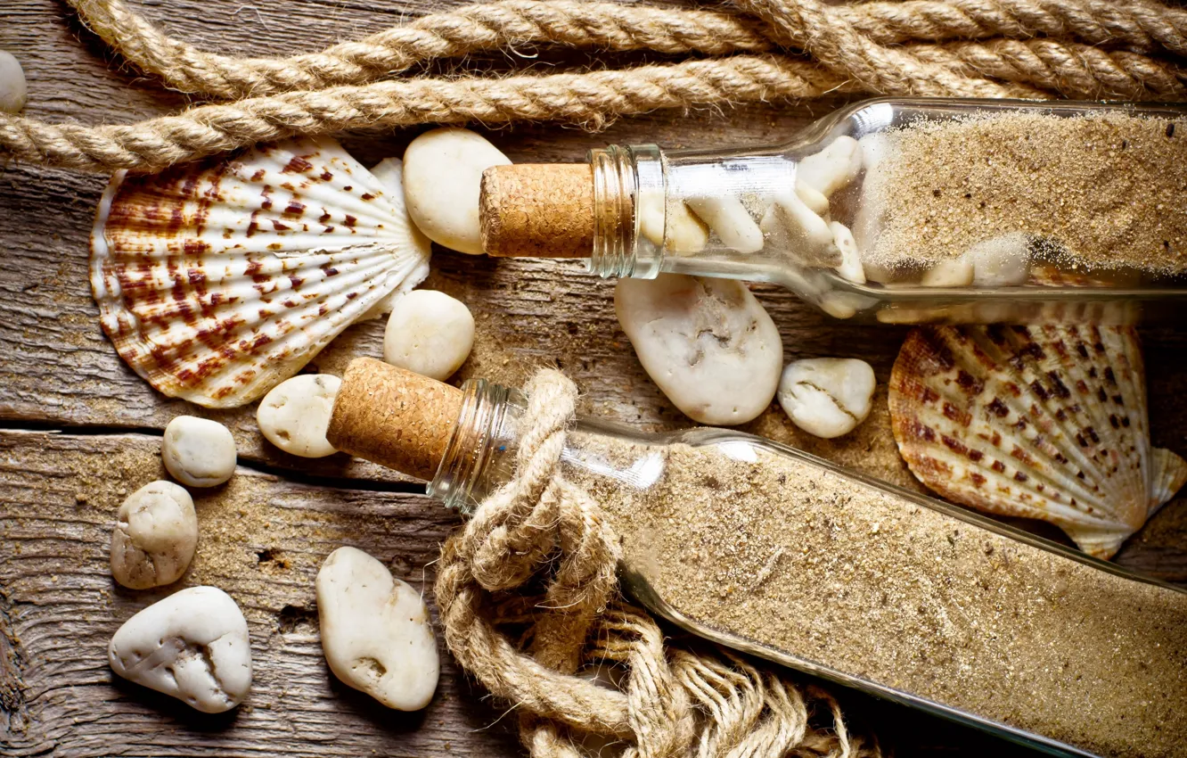 Photo wallpaper sand, stones, shell, rope, bottle, old wood