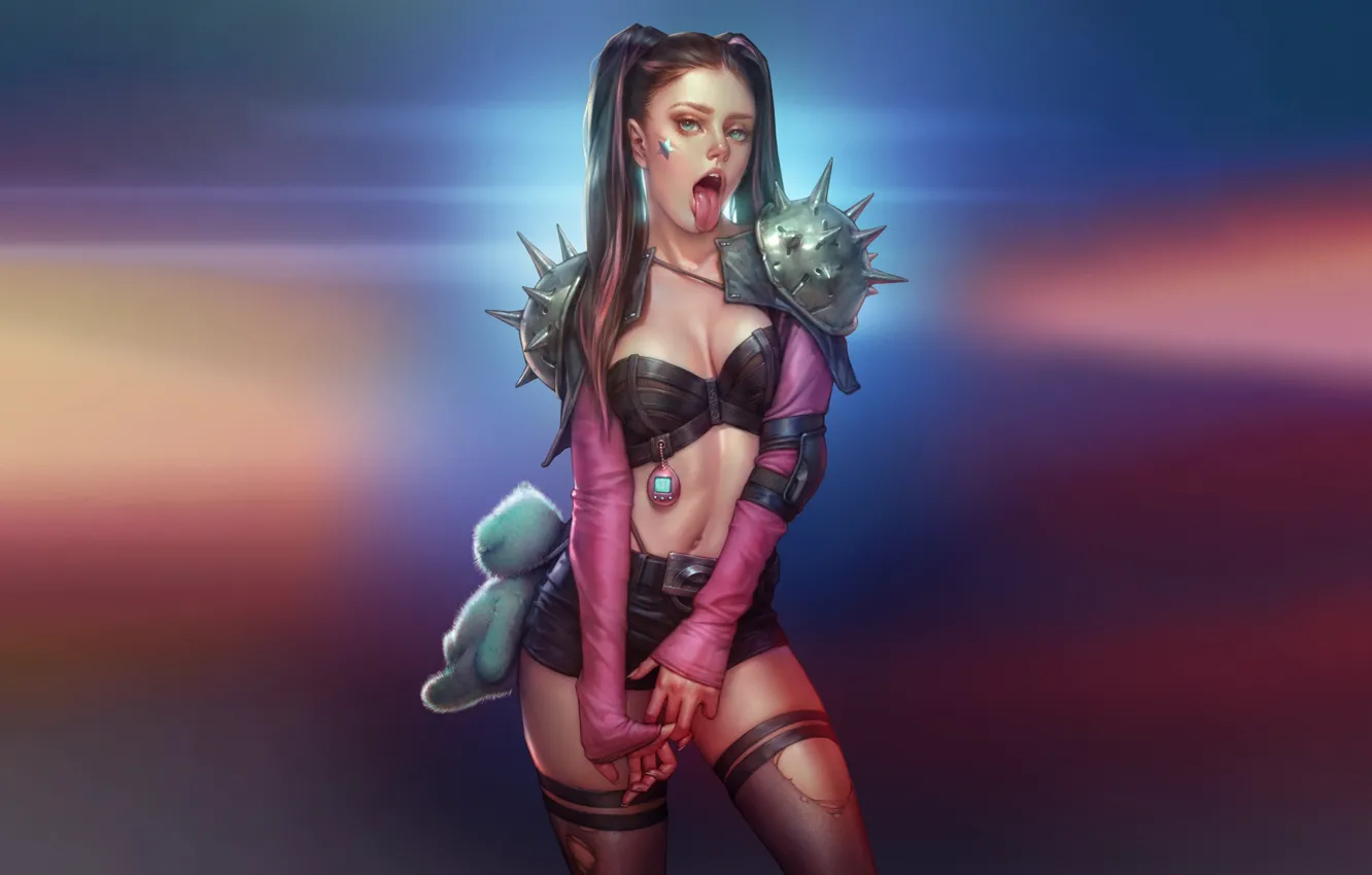 Photo wallpaper girl, twintails, brunette, digital art, drawing, anime girls, Black Stockings, miniskirt