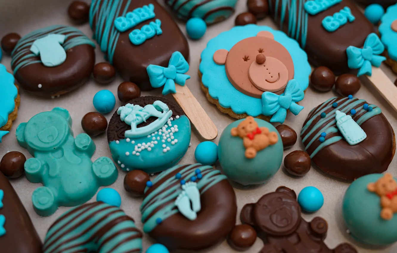 Photo wallpaper blue, cookies, ring, candy, bear, ice cream, cake, bow