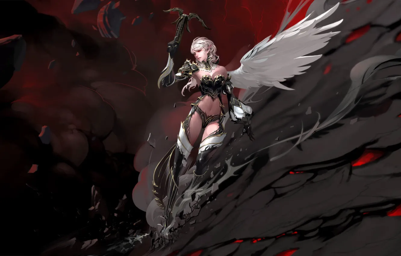 Photo wallpaper girl, rocks, wings, lineage 2