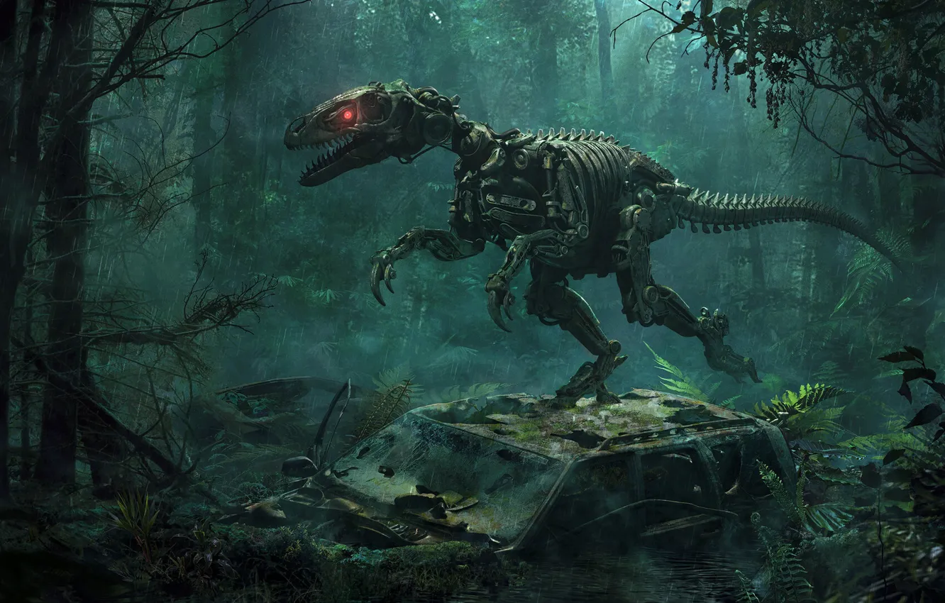 Photo wallpaper forest, raptor, science fiction, red eyes, CGI, derelict, dinosaurs, Mech Animals