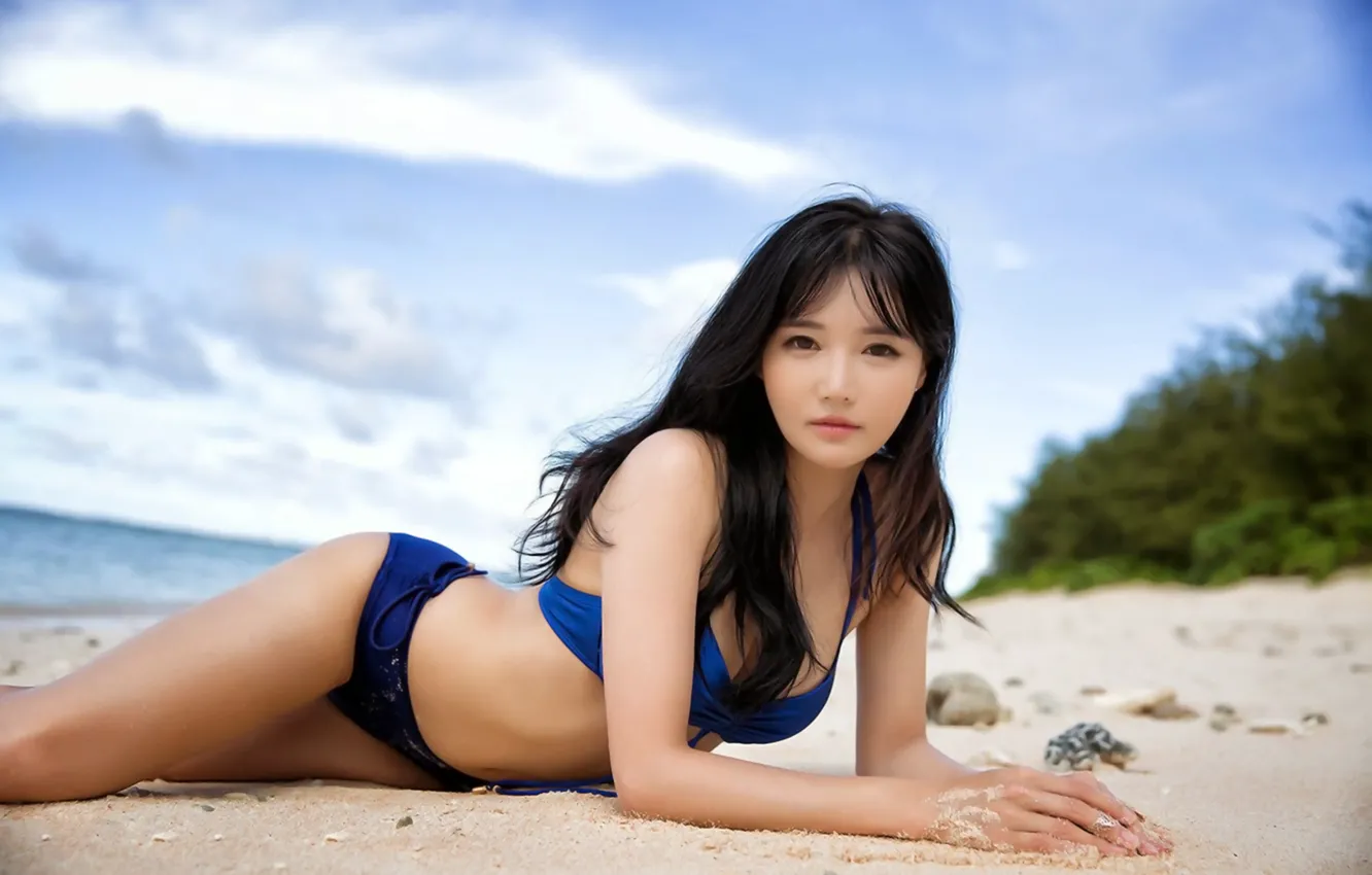 Photo wallpaper girl, sexy, cleavage, beach, long hair, sea, boobs, beautiful