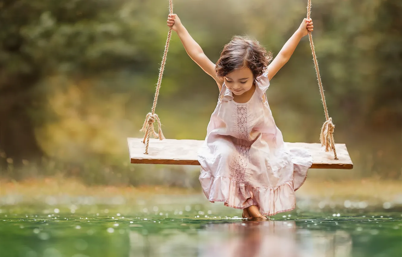 Photo wallpaper smile, swing, dress, girl, Happiness is