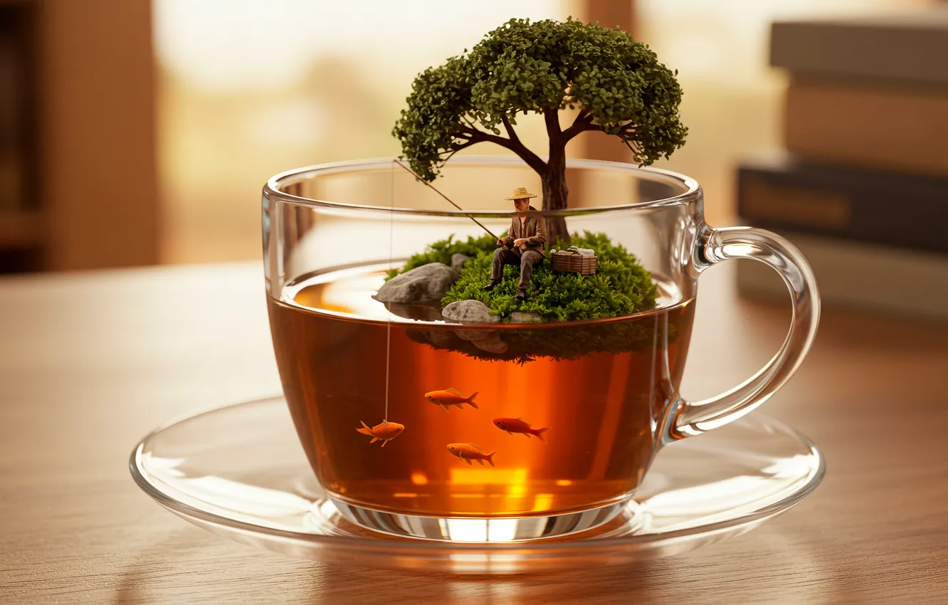 Photo wallpaper fisherman, art, Cup, goldfish, miniature