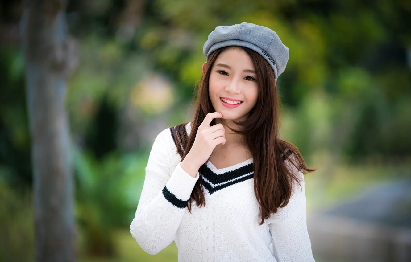 Photo wallpaper look, pose, smile, background, model, portrait, makeup, hairstyle