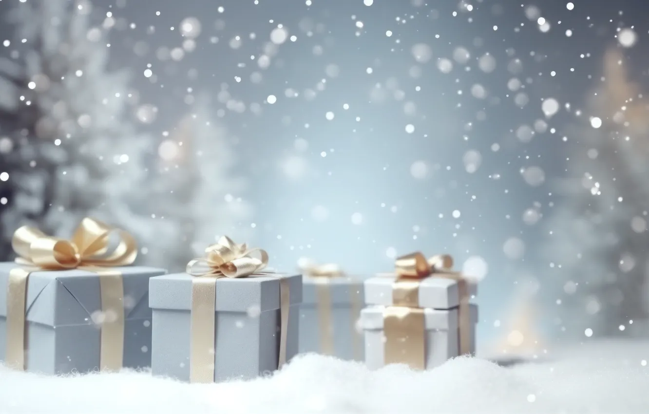 Photo wallpaper winter, snow, snowflakes, nature, gift, new year, Christmas, bow