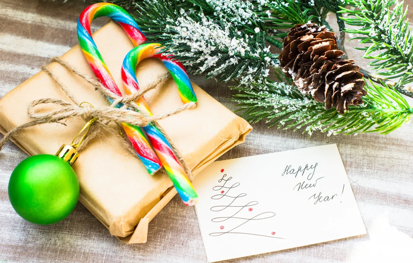 Photo wallpaper branches, holiday, gift, toy, new year, ball, ball, candy