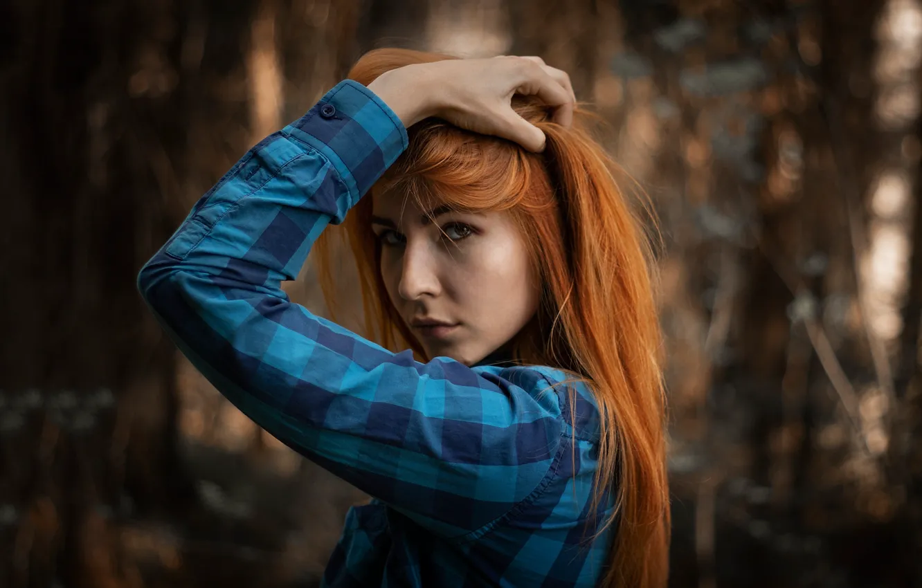 Photo wallpaper forest, trees, nature, model, women, redhead, blue shirt, plaid shirt