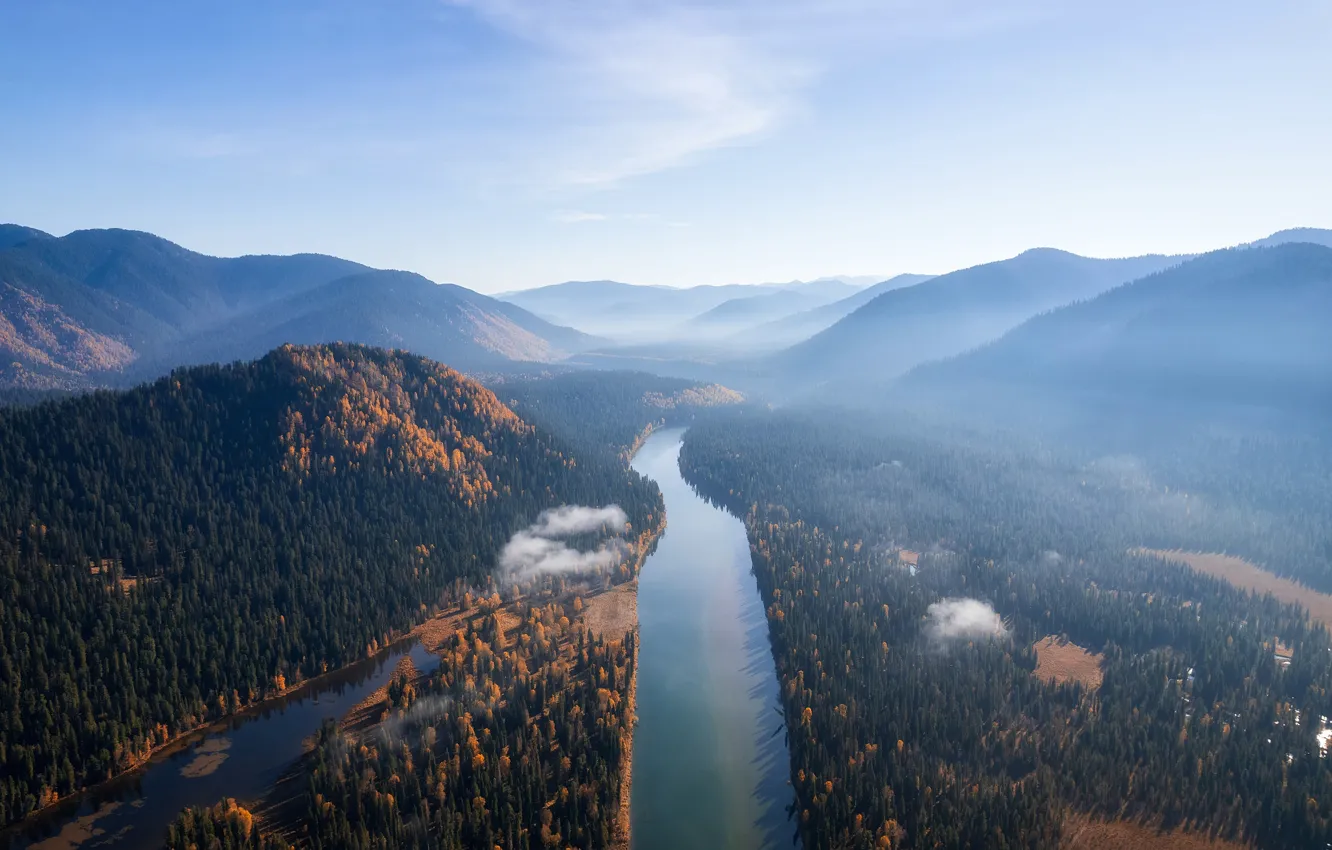Photo wallpaper forest, mountains, fog, river, view