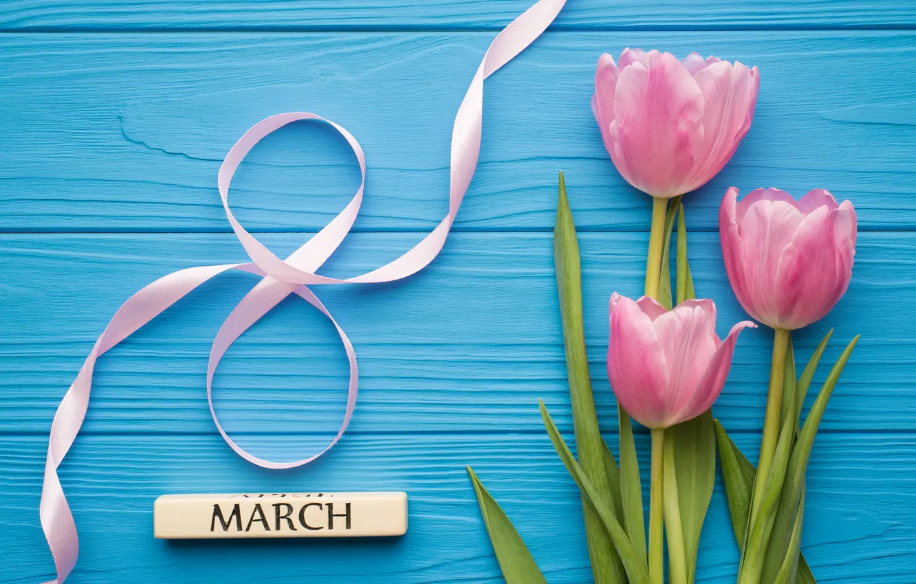 Photo wallpaper flowers, figures, tulips, March 8, wood, pink, flowers, tulips