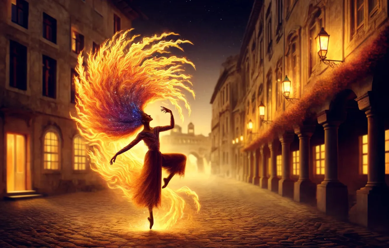 Photo wallpaper girl, night, street, dance, fantasy, lights