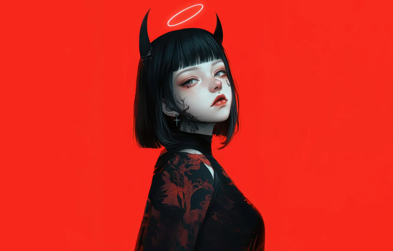 Photo wallpaper girl, anime, tattoo, horn, anime girl, AI Art, AI Generated
