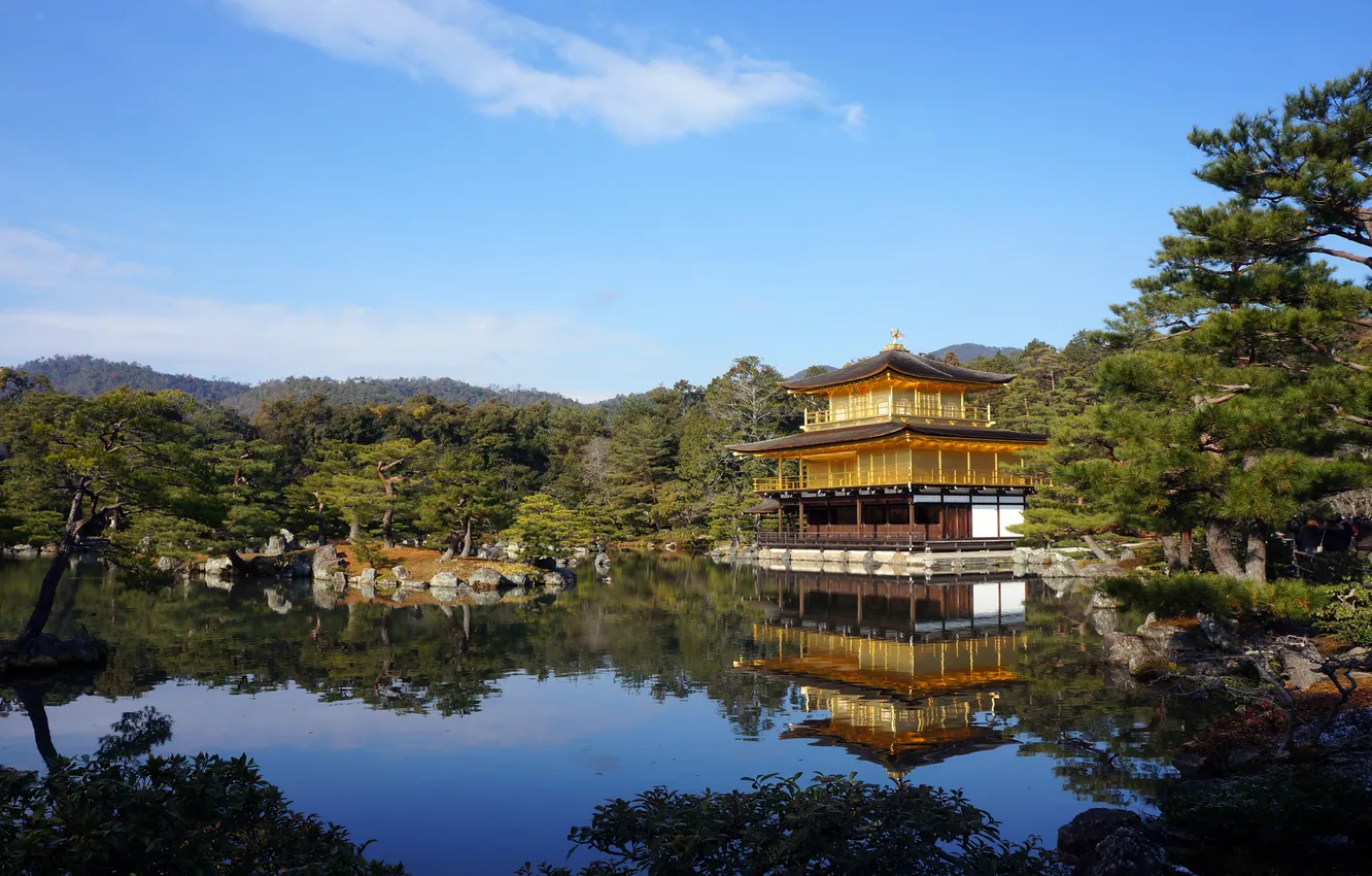 Photo wallpaper nature, lake, the building, Japan, Kyoto, Golden Pavilion