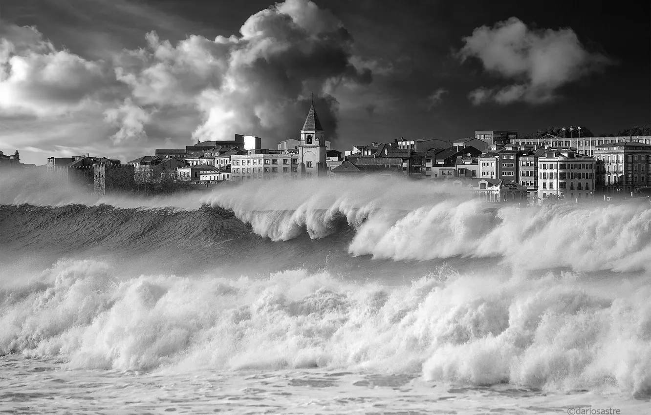 Photo wallpaper sea, wave, storm, the city, photo, Italy, black and white