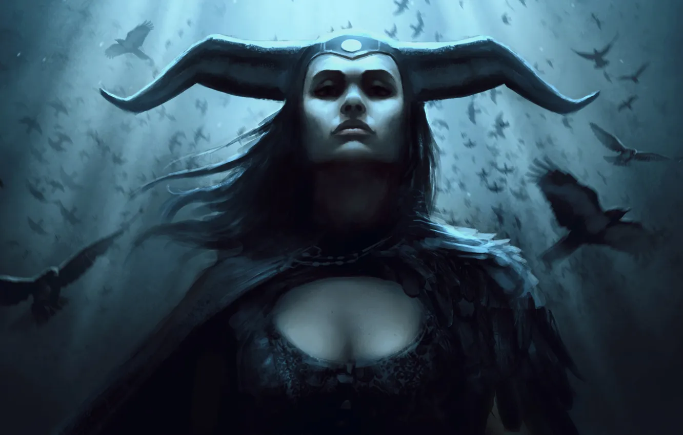 Photo wallpaper girl, bird, crows, horns, helmet, art, mother of crows