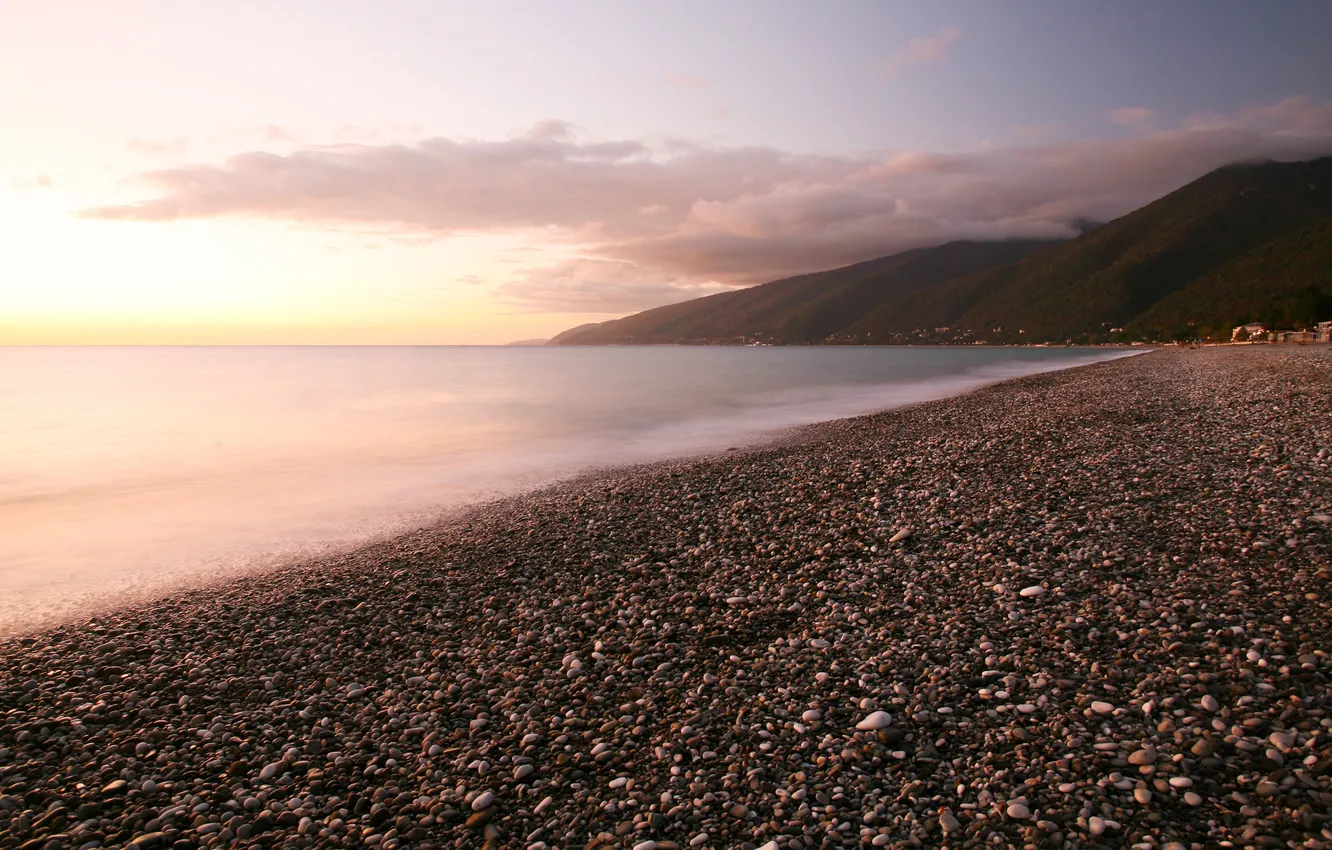 Photo wallpaper sea, beach, water, clouds, mountains, pebbles, stones, the ocean