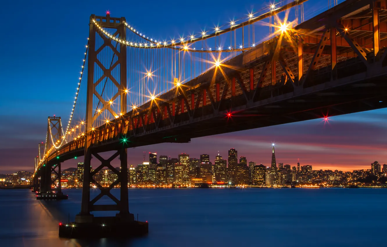 Photo wallpaper bridge, lights, CA, San Francisco, night city, California, San Francisco, Bay Bridge