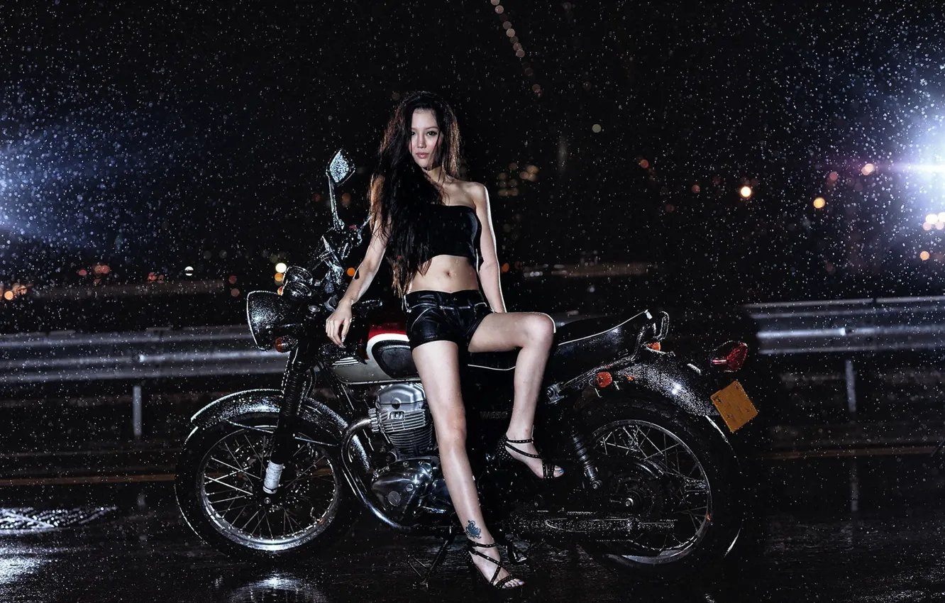 Photo wallpaper girl, rain, motorcycle, Asian