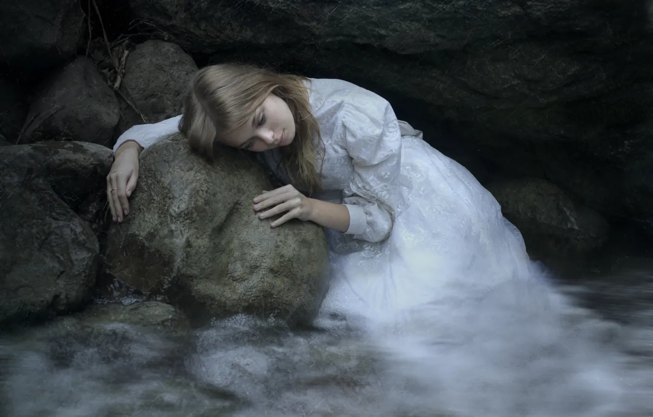 Photo wallpaper sadness, girl, stones, dress