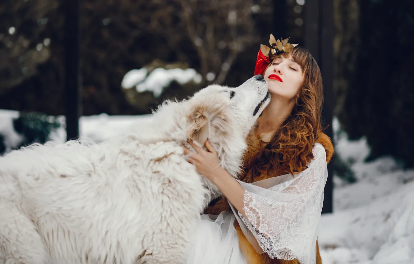 Photo wallpaper winter, forest, white, girl, snow, love, face, pose
