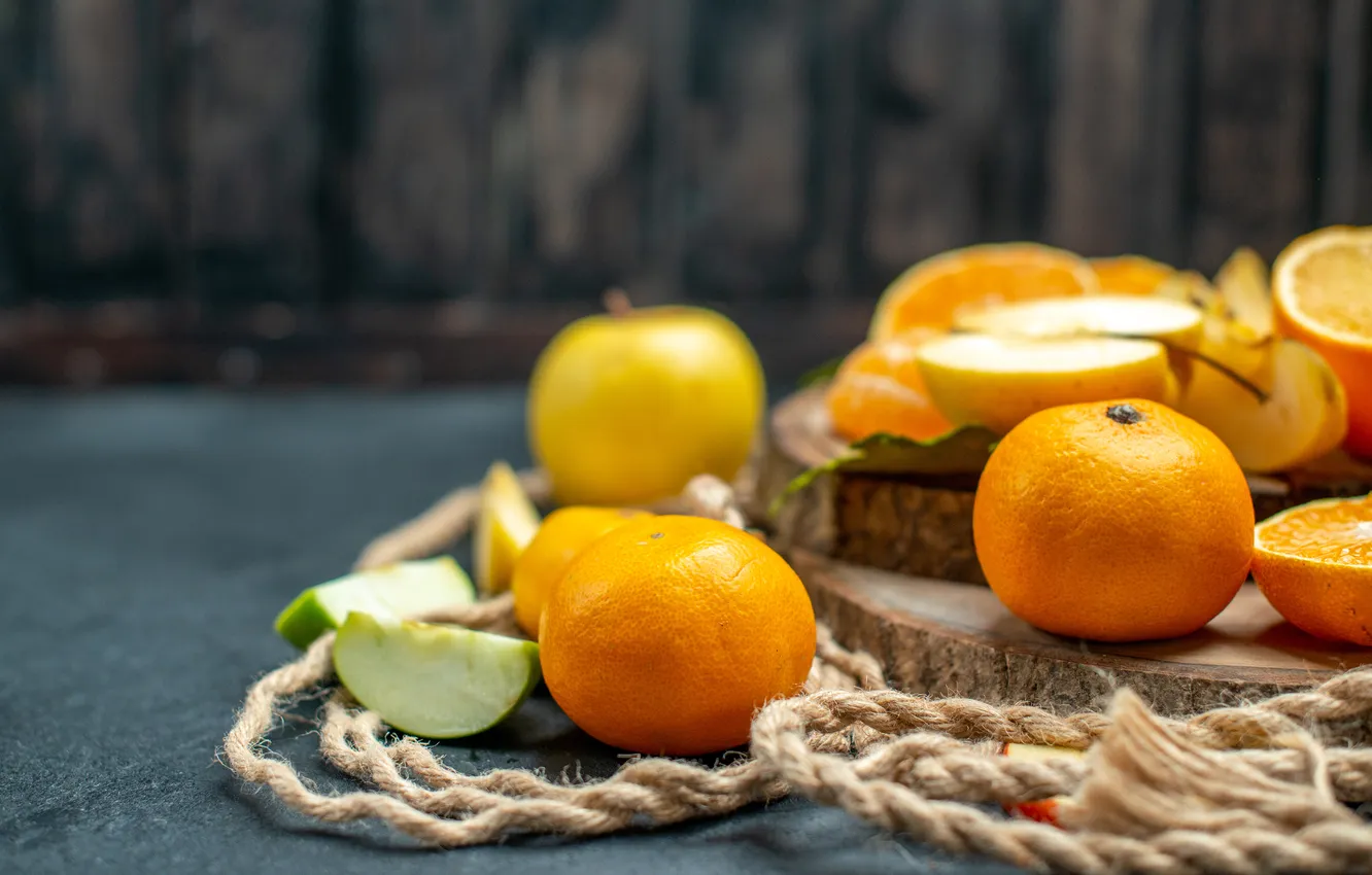 Photo wallpaper apples, Board, rope, fruit, slices, bokeh, composition, tangerines