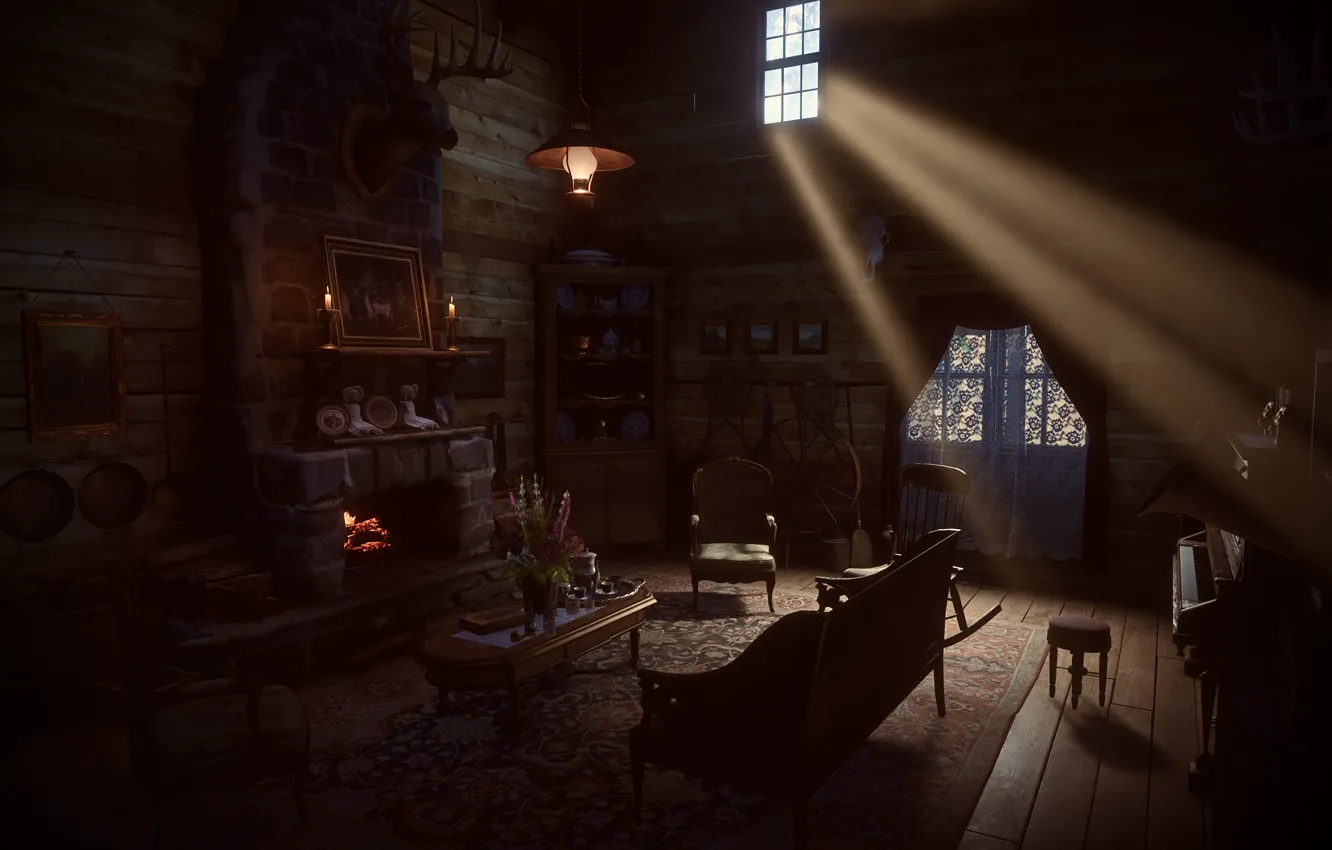 Photo wallpaper HDR, game, flower, plan, chair, window, table, sunlight