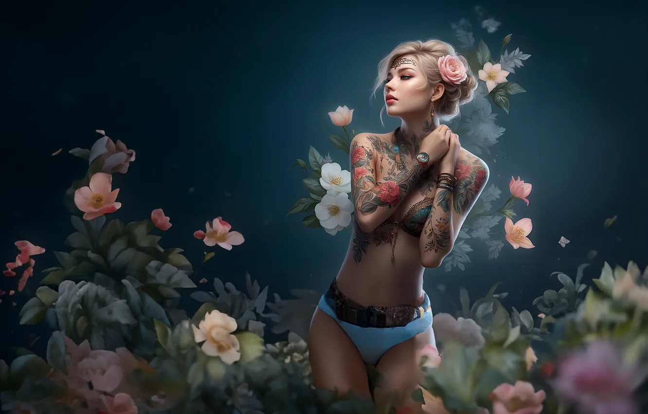 Photo wallpaper chest, look, girl, flowers, pose, hands, garden, figure