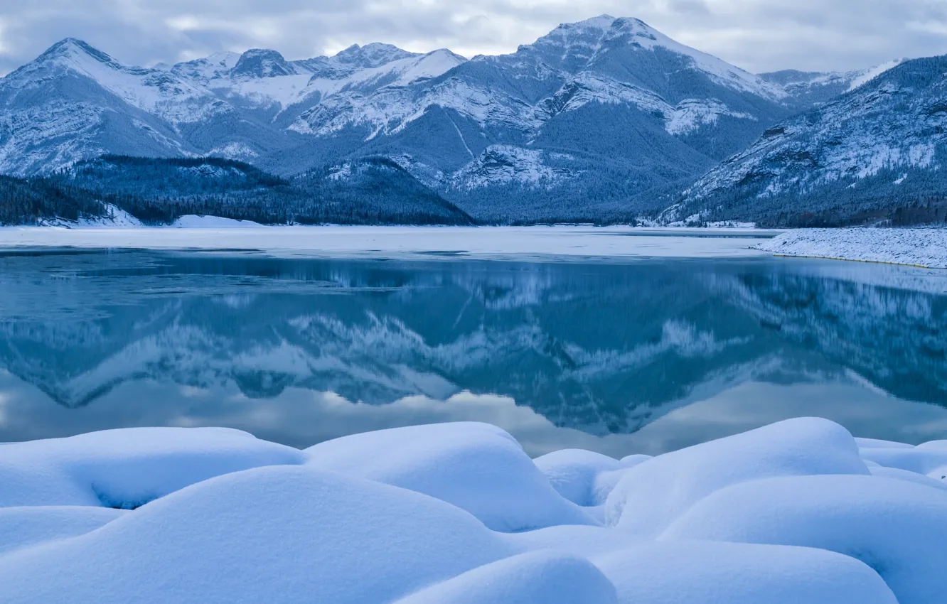 Photo wallpaper winter, water, snow, mountains, reflection, river, Canada, the snow