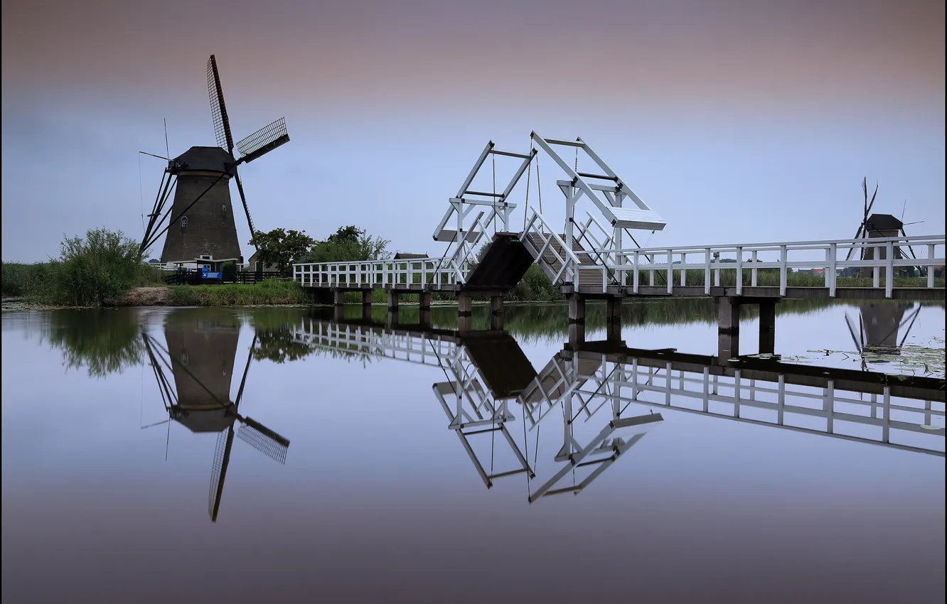 Photo wallpaper bridge, mill, channel, Netherlands, Holland, Kinderdijk