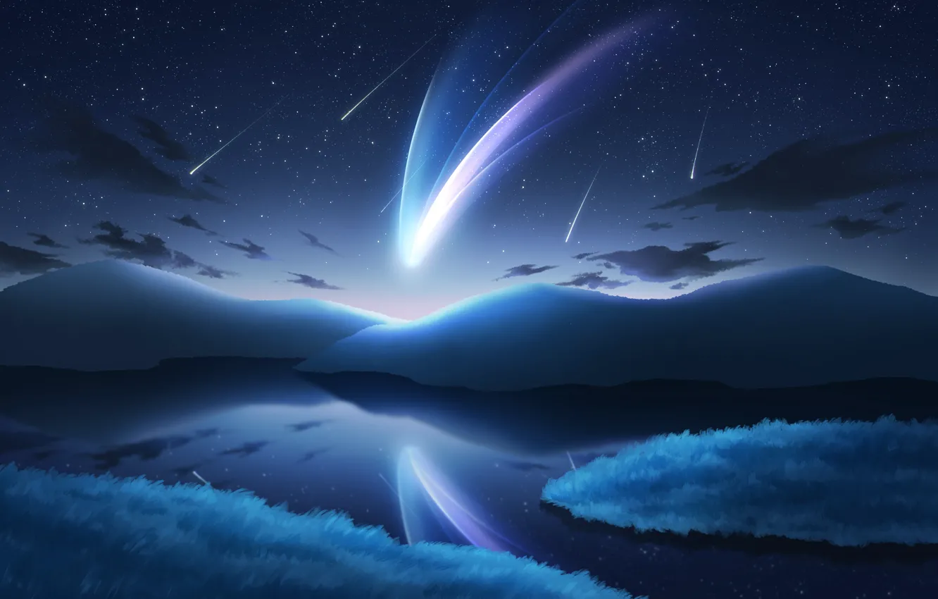 Photo wallpaper the sky, water, mountains, nature, fantasy, comet, shooting stars
