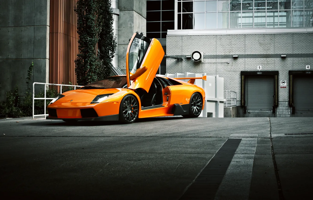 Photo wallpaper the building, orange, Lamborghini, Lamborghini, Murcielago, front, orange, Lamborghini