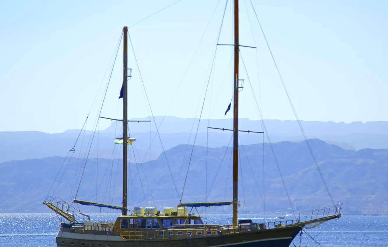 Photo wallpaper sea, shore, sailboat, haze, RAID