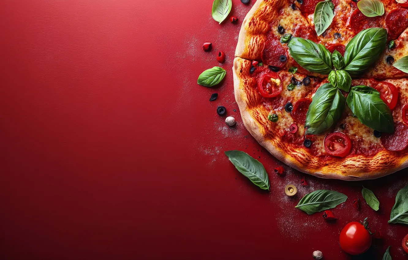 Photo wallpaper greens, leaves, food, cheese, placer, vegetables, pizza, tomatoes