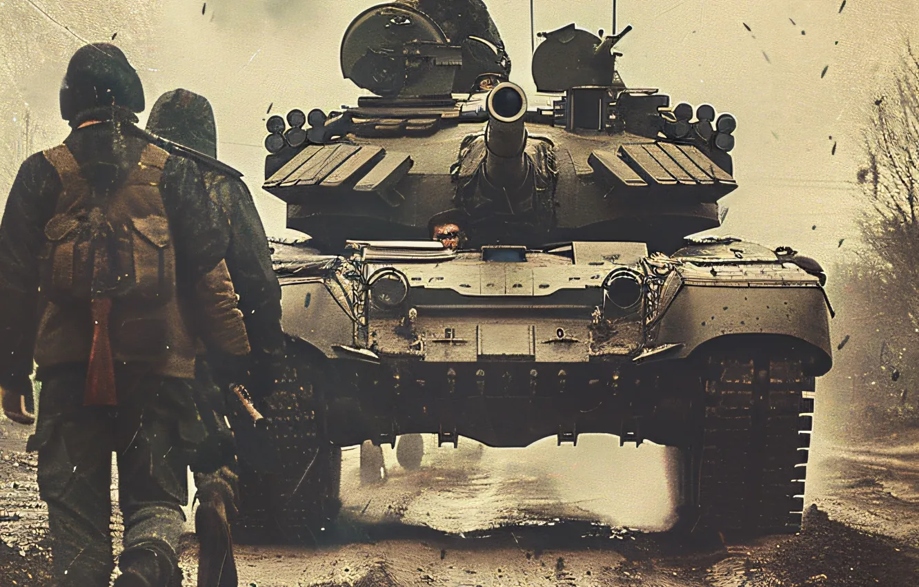 Photo wallpaper Retro, Soldiers, Tank, Digital art, AI art, The Art of Artificial Intelligence, Neural network, War …