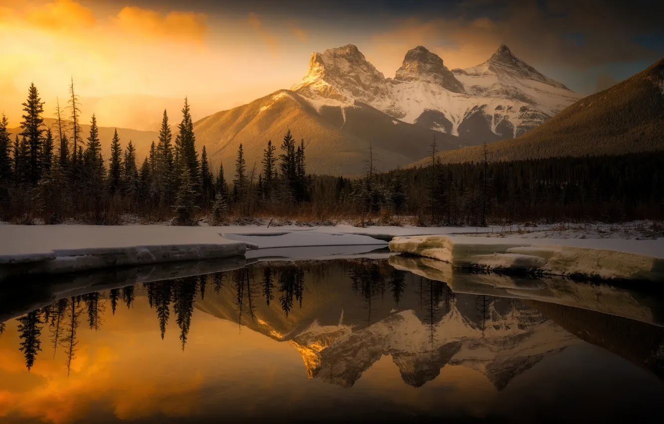 Photo wallpaper winter, forest, the sky, water, snow, trees, mountains, reflection