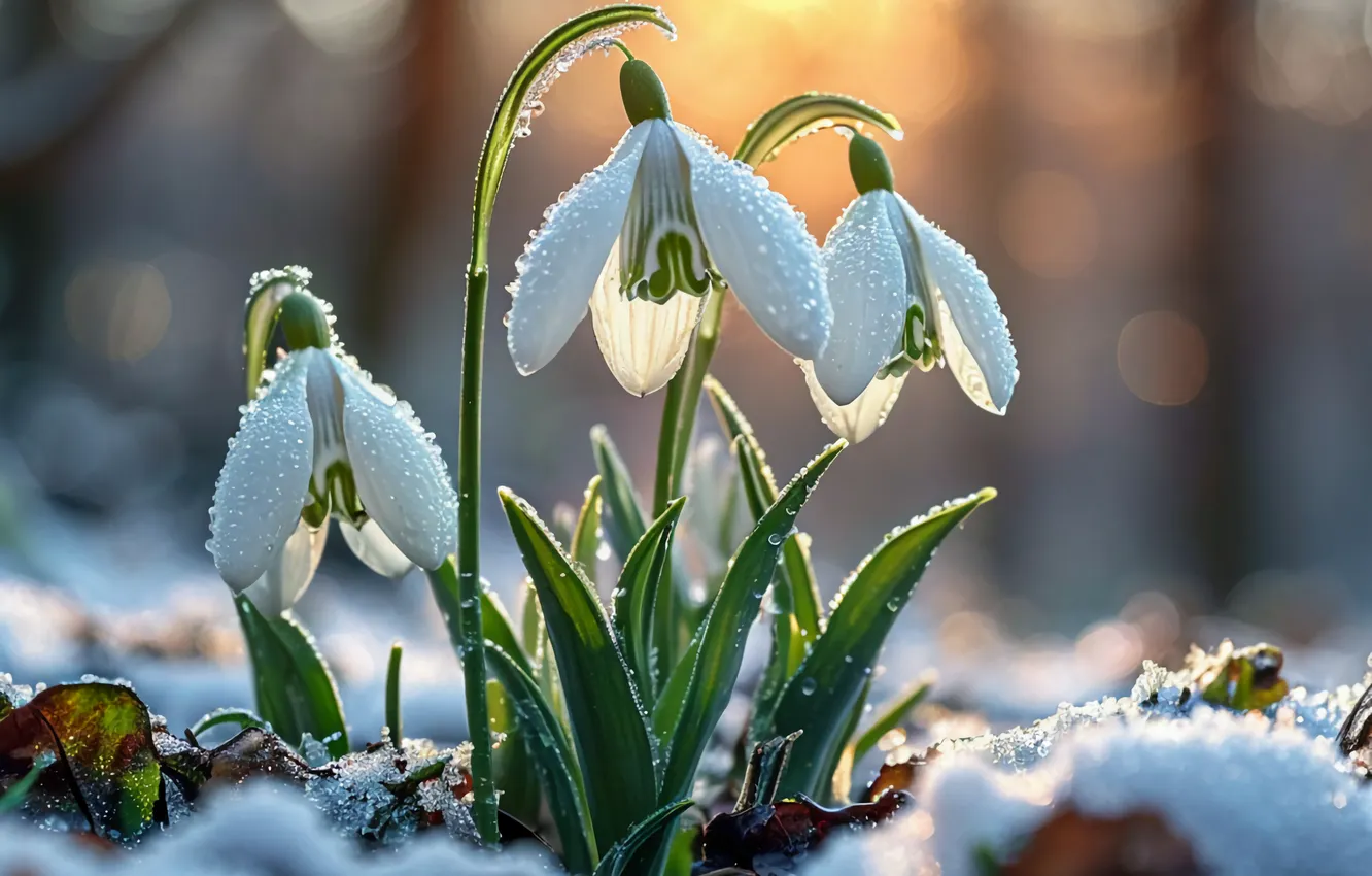 Photo wallpaper snow, flowers, snowdrops