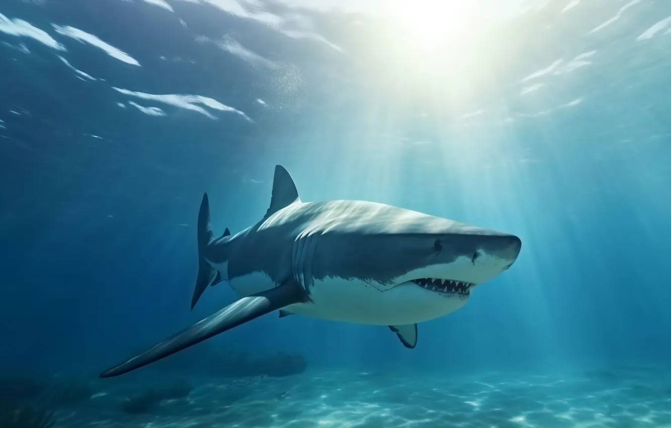 Photo wallpaper predator, shark, underwater world, the rays of the sun, digital art, AI art, The Art …