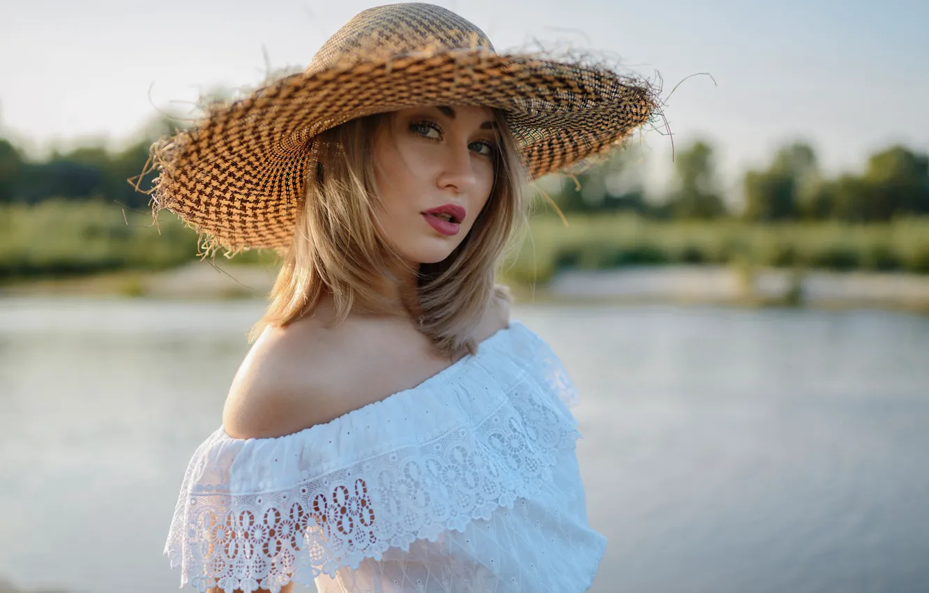Photo wallpaper look, the sun, landscape, pose, model, portrait, hat, makeup