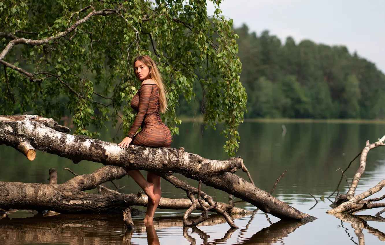 Photo wallpaper leaves, water, girl, trees, nature, log, Olga Kobzar, Kobzar, Which